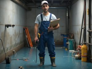 קובי האינסטלטור במרתף מוצף מים בודק נזקי הצפה