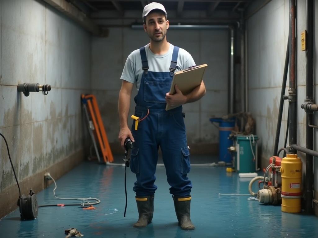 קובי האינסטלטור במרתף מוצף מים בודק נזקי הצפה
