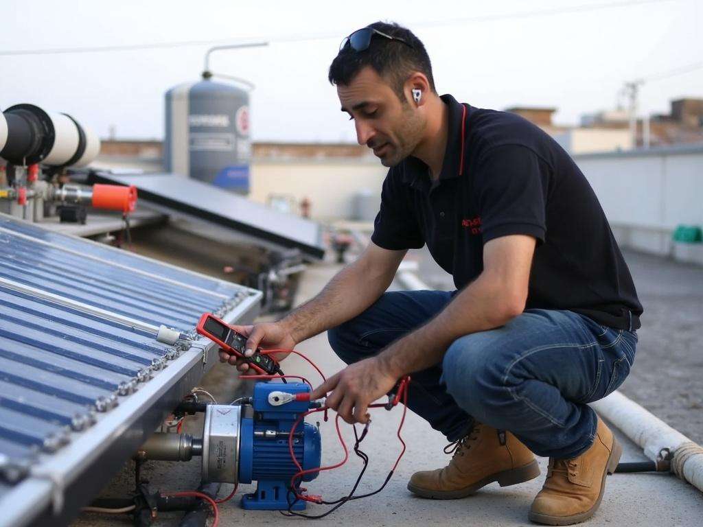 קובי האינסטלטור מבצע בדיקה של משאבת סחרור סולארית