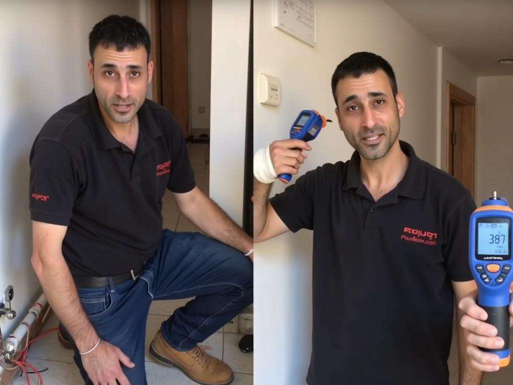קובי האינסטלטור מודד הבדלי טמפרטורה בצנרת סולארית