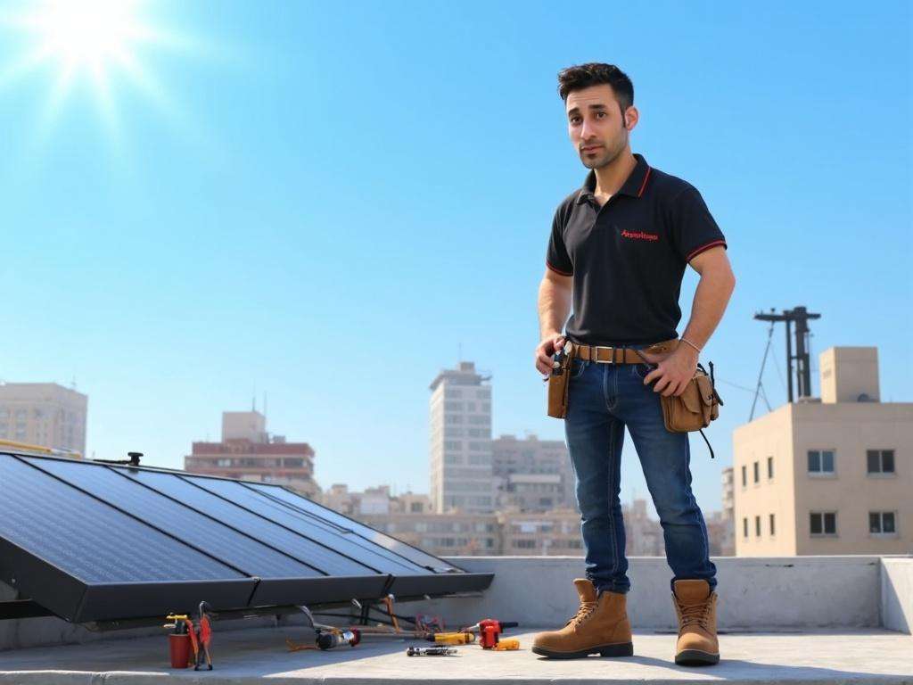 קובי האינסטלטור בודק מערכת סולארית מרכזית על גג בניין