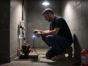 קובי האינסטלטור בודק משאבת ביוב במרתף