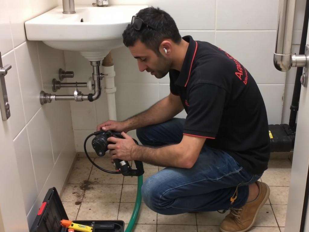 קובי האינסטלטור מטפל בסתימה בכיור אמבטיה