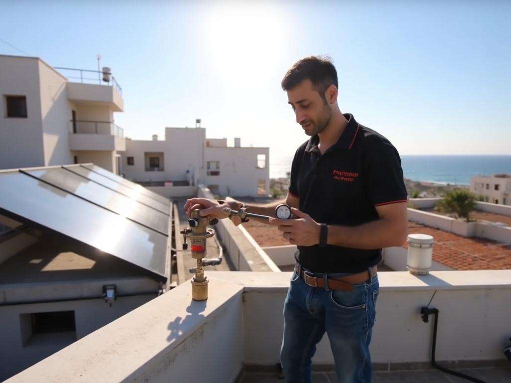 קובי האינסטלטור בודק שסתום פורק לחץ במערכת סולארית