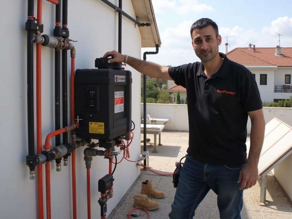 קובי האינסטלטור ליד מערכת סולארית מושלמת עם משאבת סחרור