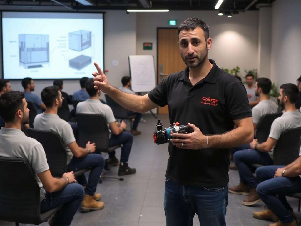 קובי האינסטלטור מדגים משאבת סחרור בסדנה מקצועית