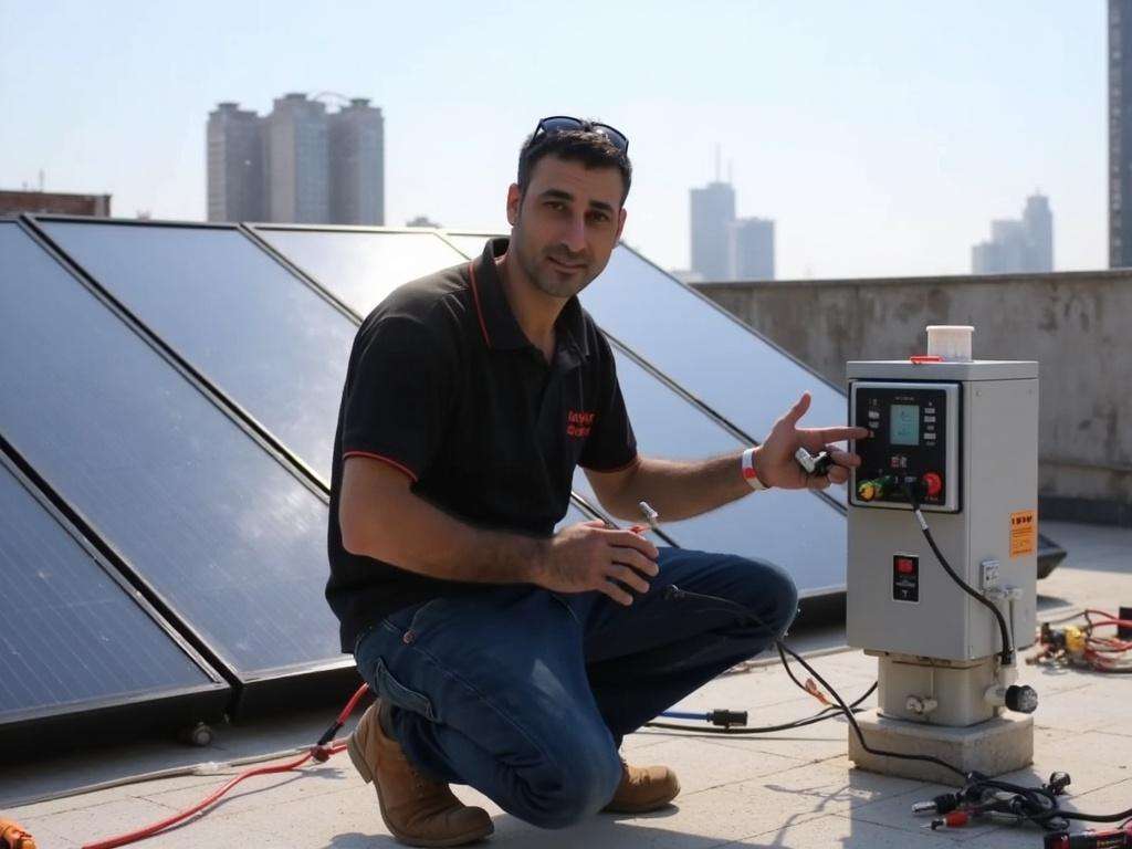 קובי האינסטלטור בודק חיישני טמפרטורה במערכת סולארית על גג