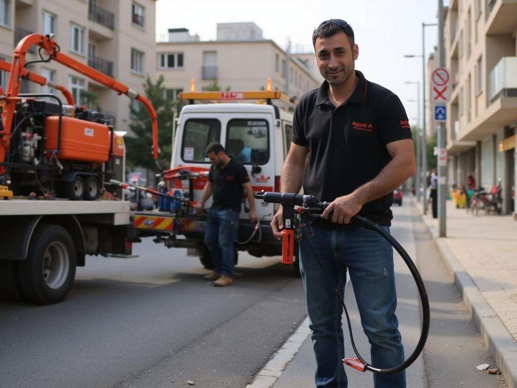 קובי האינסטלטור משתמש במכשיר לחץ מים לפתיחת סתימות