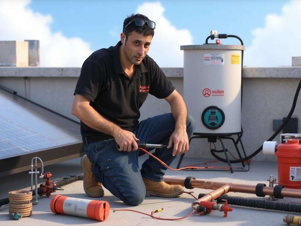 קובי האינסטלטור מתקן צנרת במערכת סולארית
