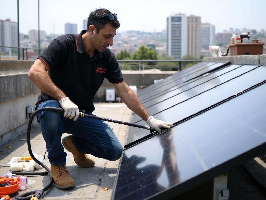 קובי האינסטלטור מבצע ניקוי קולטים סולאריים כחלק מתחזוקת המערכת
