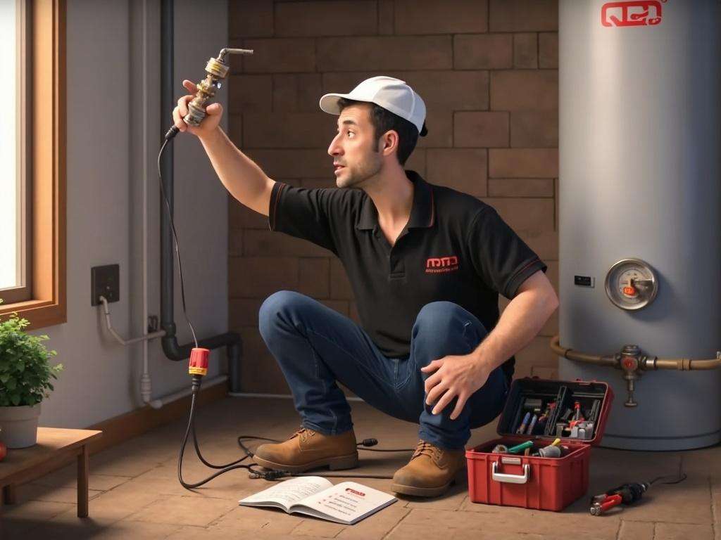 קובי האינסטלטור בודק שסתום פורק לחץ פגום עם הצטברות אבנית