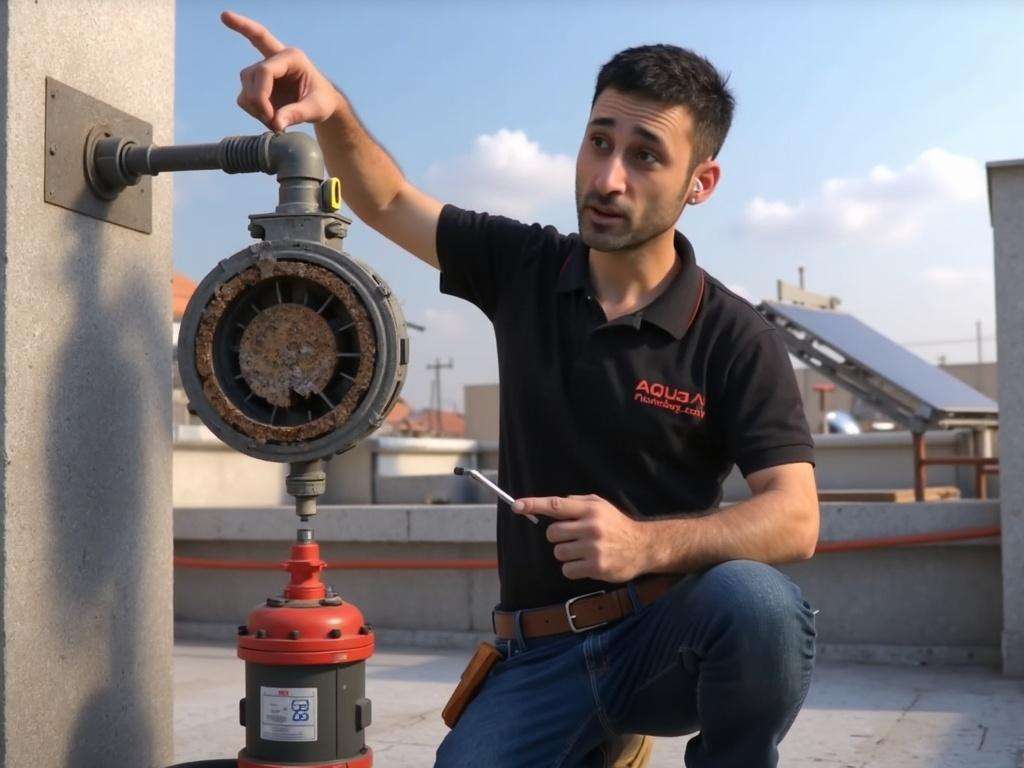 קובי האינסטלטור בודק שסתום פורק לחץ פגום עם הצטברות אבנית