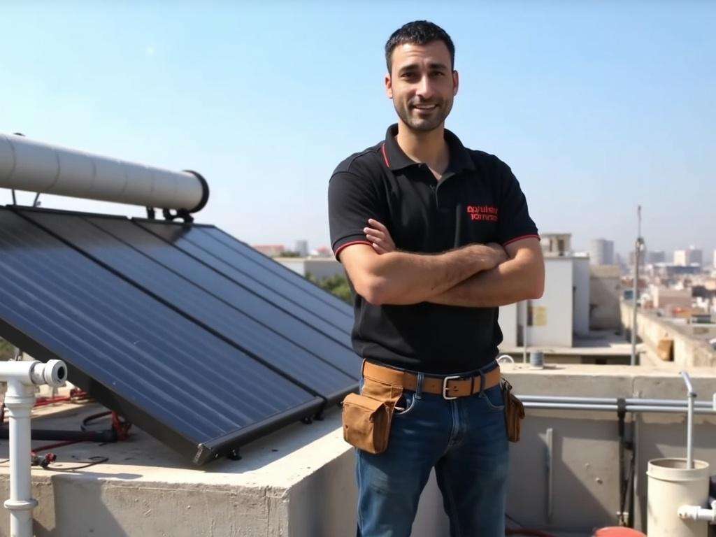 קובי האינסטלטור ליד מערכת סולארית מתוקנת ומתוחזקת היטב