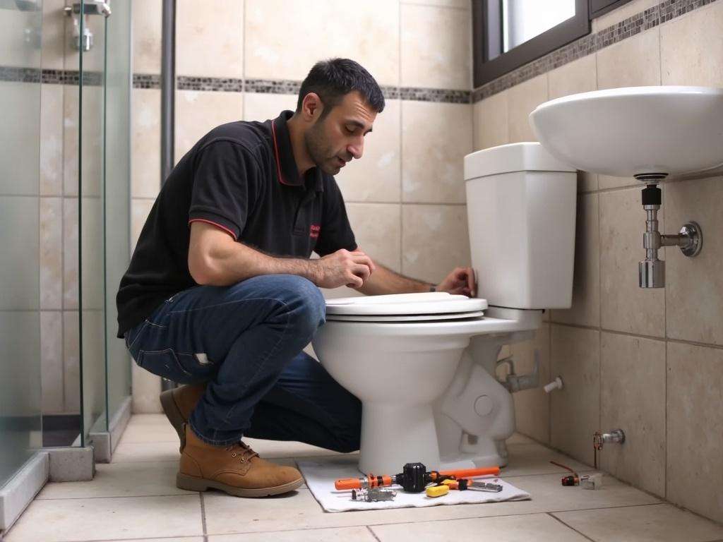 קובי האינסטלטור מתקין אסלה חדשה בחדר אמבטיה