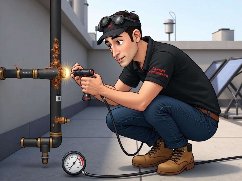 קובי האינסטלטור בודק צנרת של מערכת סולארית מרכזית