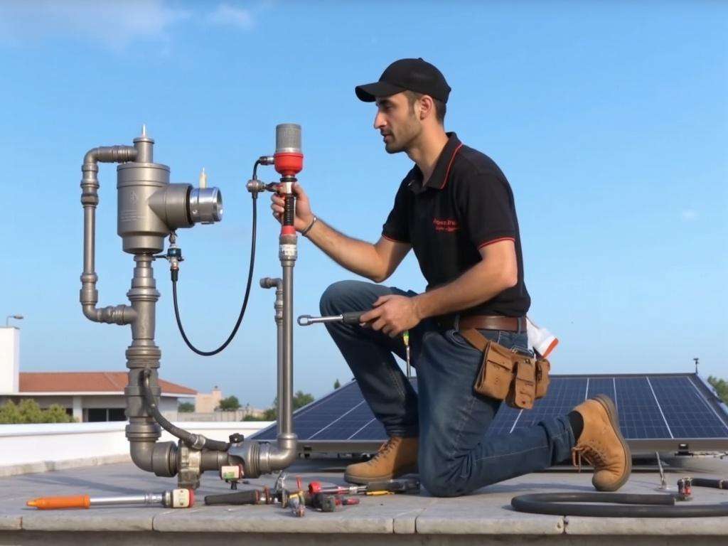 קובי האינסטלטור מתקין שסתום פורק לחץ חדש במערכת סולארית