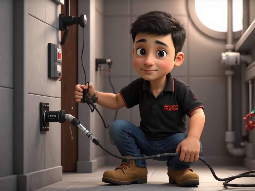 טכנאי אינסטלציה קובי מכניס כבל לצינור