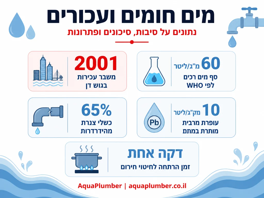 אינפוגרפיקה עם נתונים על מים חומים ועכורים בישראל - חלודה, קשיות מים ותקנות