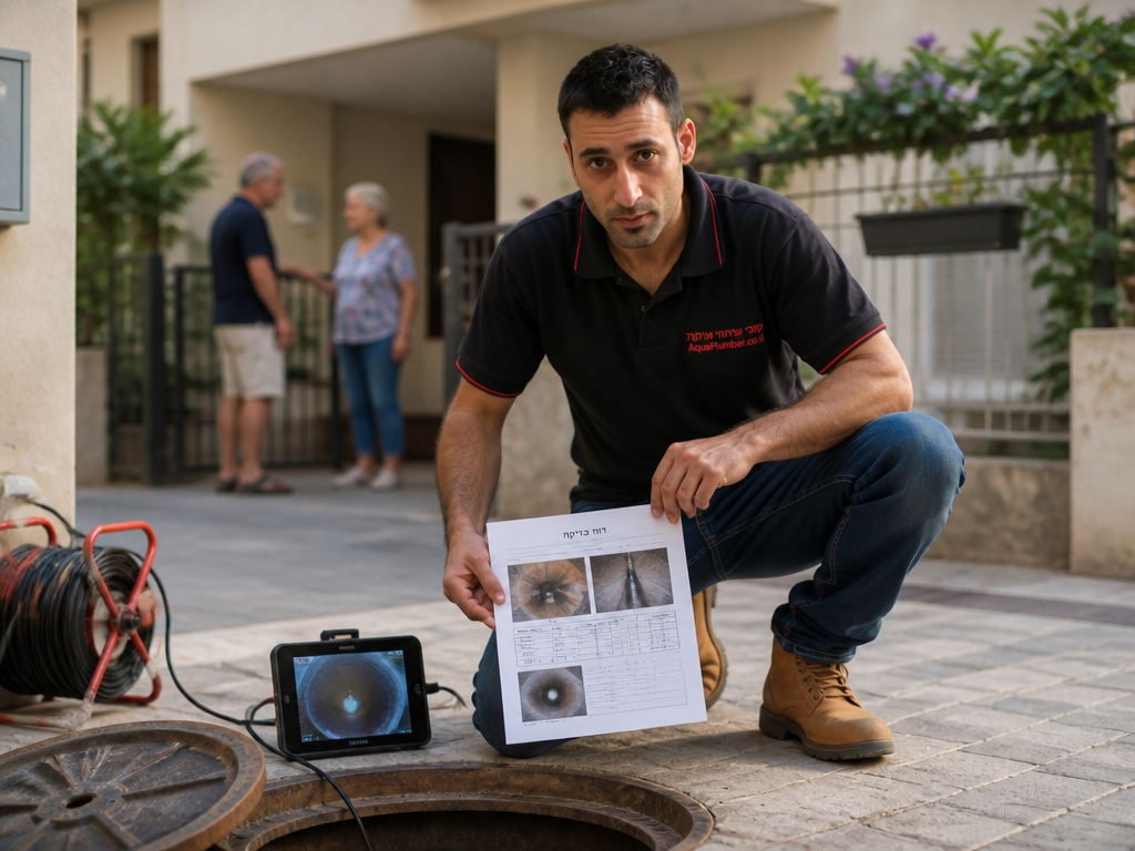 אינסטלטור מכין דוח מצלמה מתועד עבור ועד בית לפני אישור תקציב לשיקום ביוב