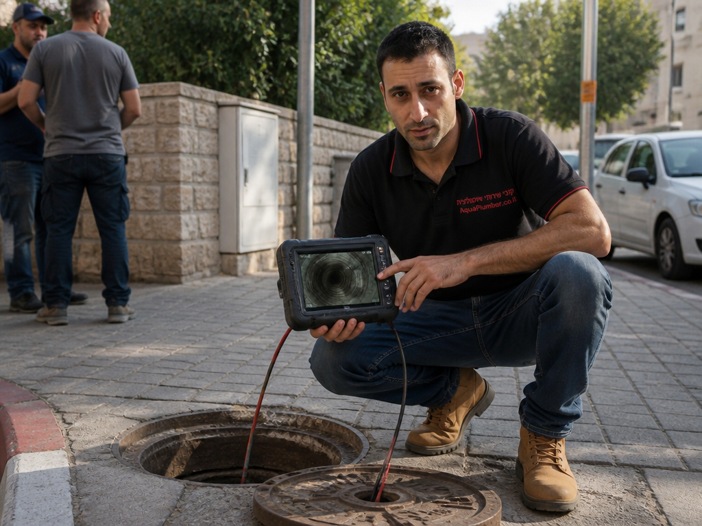אינסטלטור בודק מסך מצלמת אינספקציה לצינור ביוב ליד פתח גישה
