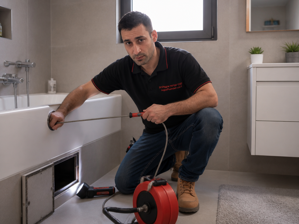 ניקוי סתימת ניקוז באמבטיה בעזרת חוט ניקוי מקצועי