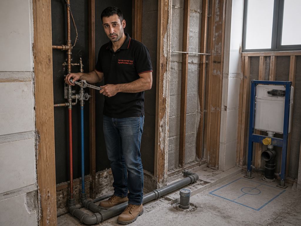 חיבור צנרת מים חמים וקרים לשסתום מקלחת בשיפוץ חדר רחצה