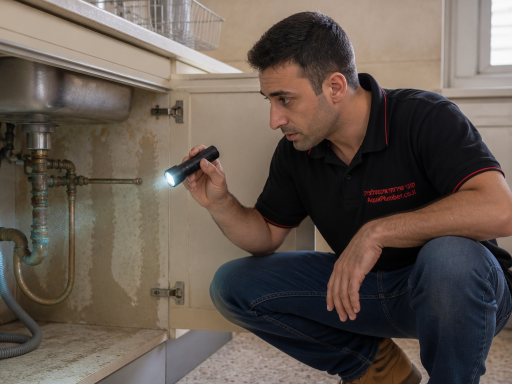כתם קורוזיה ירקרק סביב חיבור צנרת נחושת ישנה מתחת לכיור