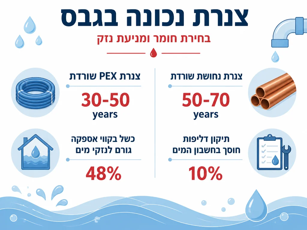 תרשים המשווה אורך חיי צנרת PEX ונחושת וסיכוני נזקי מים בקיר גבס