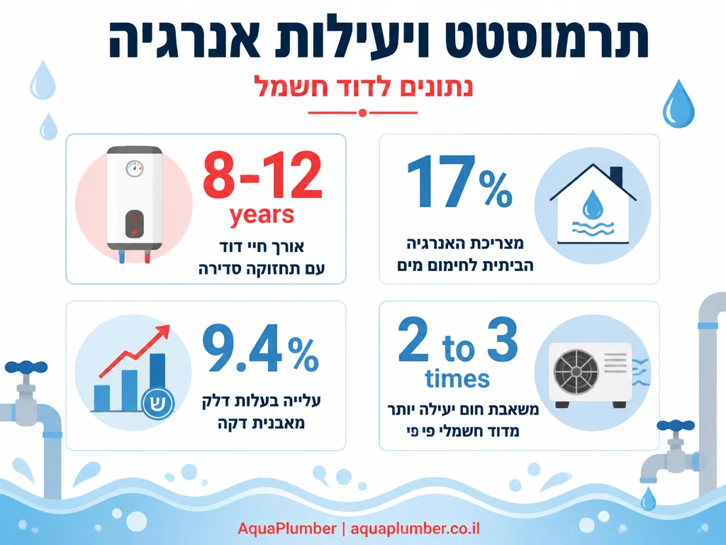 אינפוגרפיקה עם נתוני יעילות אנרגיה ואורך חיים ממוצע לדוד חשמל