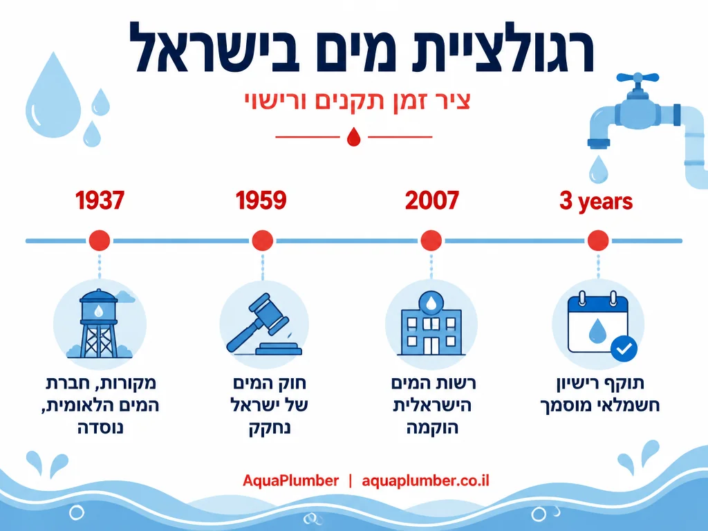 אינפוגרפיקה עם ציר זמן של תקנות מים ורישוי אנשי מקצוע בישראל