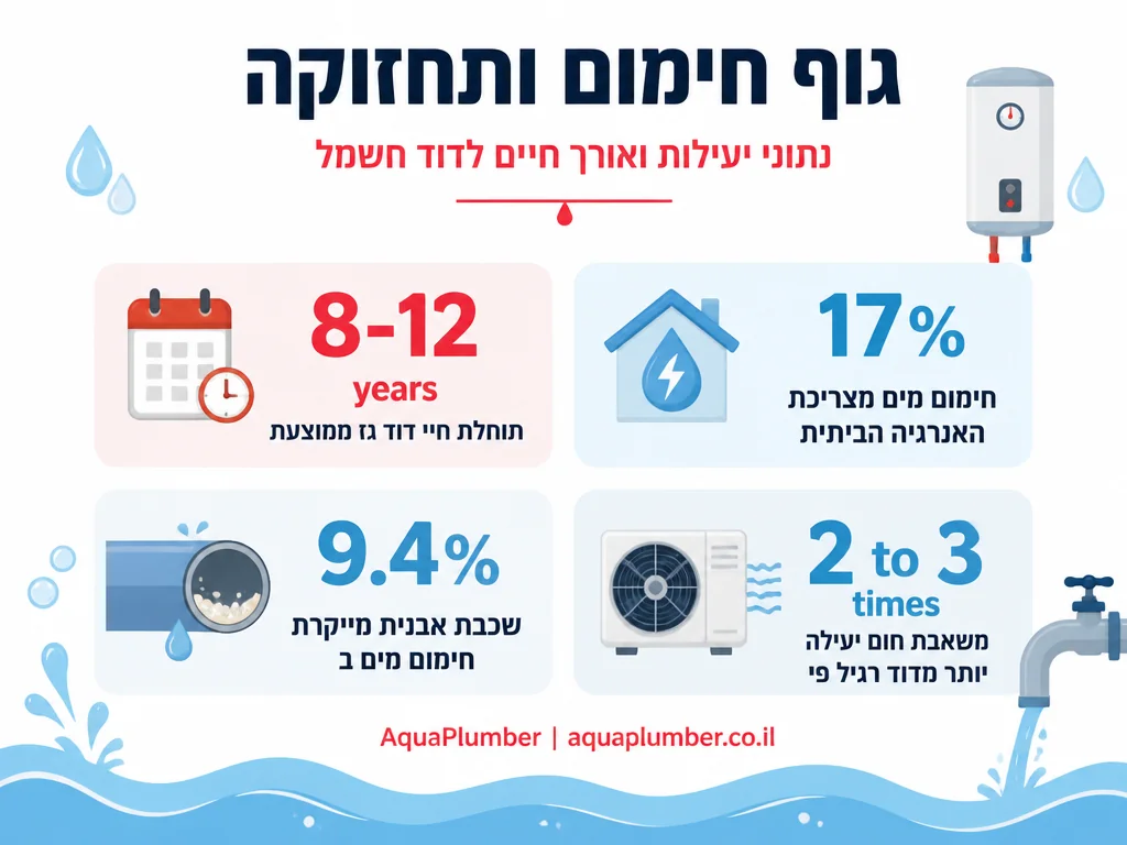 אינפוגרפיקה עם נתונים על תוחלת חיים, יעילות אנרגטית ונזקי אבנית בדוד מים חשמלי