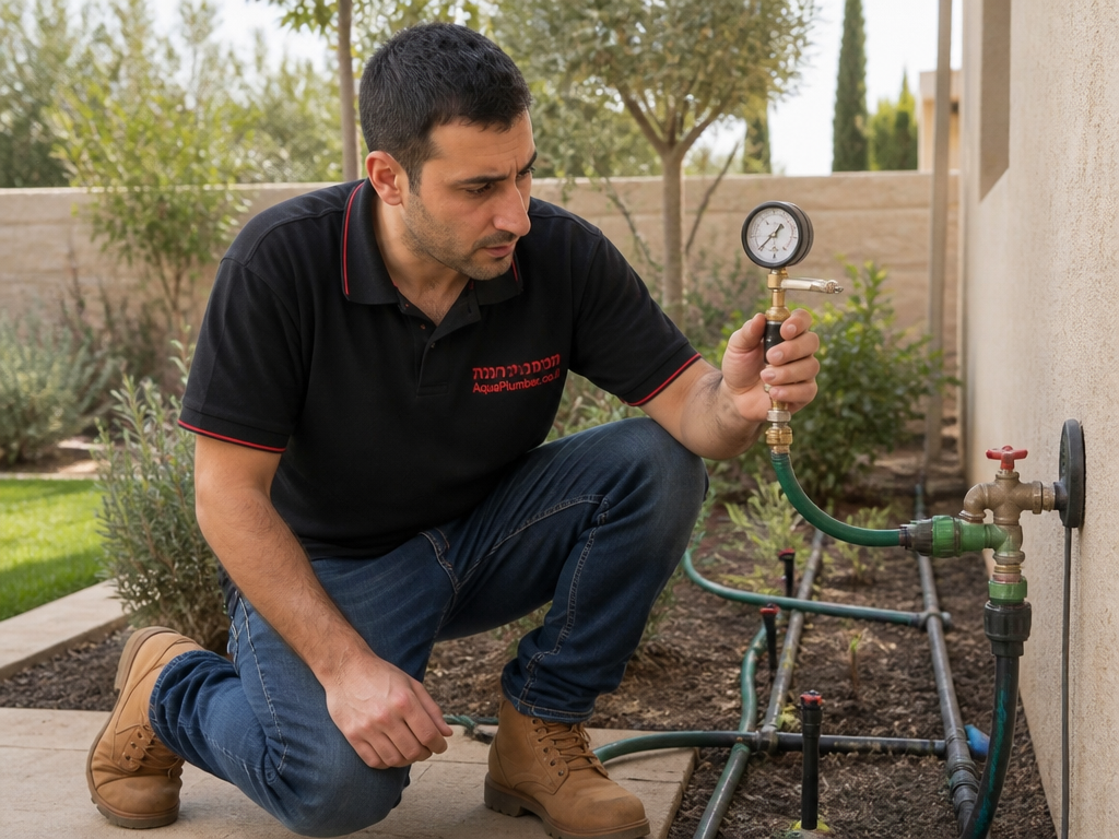 בדיקת לחץ מים בברז גינה עם מד לחץ לפני תכנון מערכת השקיה