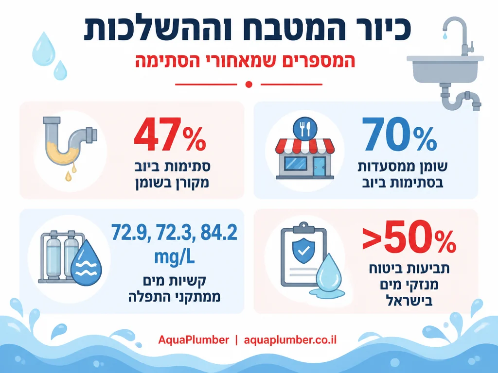 אינפוגרפיקה עם נתוני שומן קשיות מים ותביעות ביטוח הקשורות לסתימות מטבח