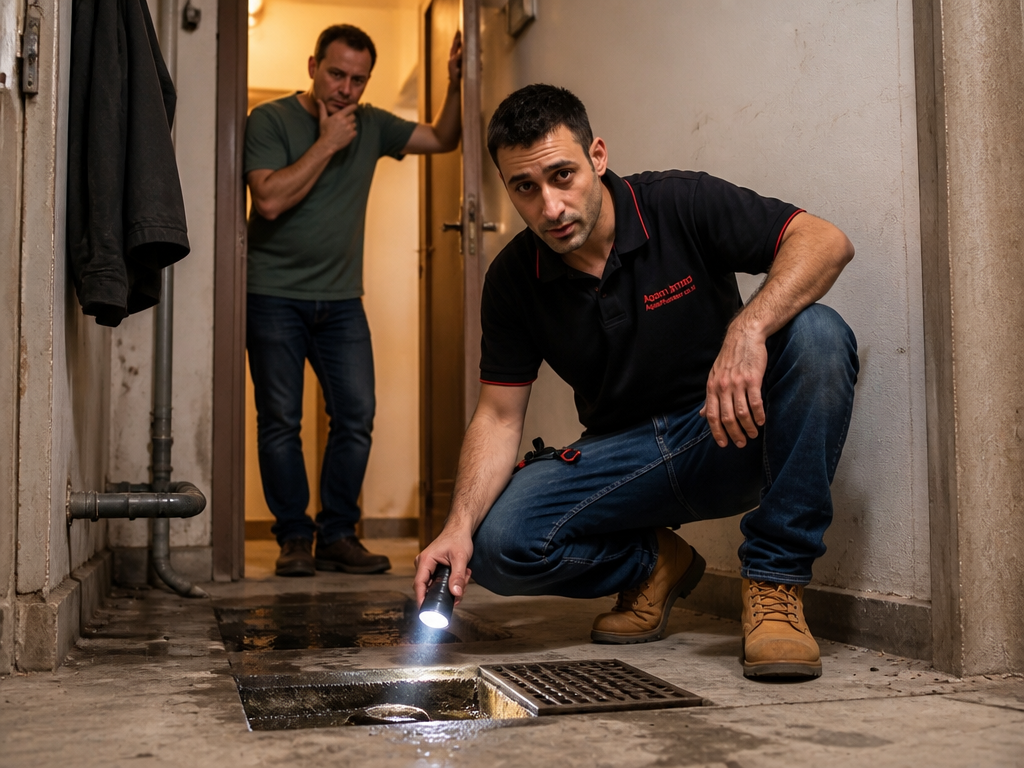 אינסטלטור בודק עם פנס פתח ניקוז נמוך בבית בזמן שלקוחה מודאגת עומדת בדלת