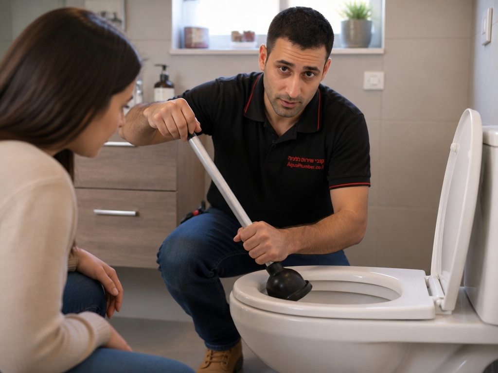 אינסטלטור ממקם שאיבת פעמון בזווית נכונה מעל פתח האסלה לפני לחיצה ראשונה
