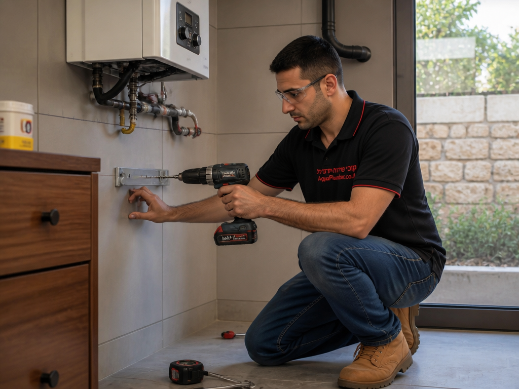 אינסטלטור קודח חורים מדויקים בקיר לתושבת חיזוק לפני התקנת דוד גז
