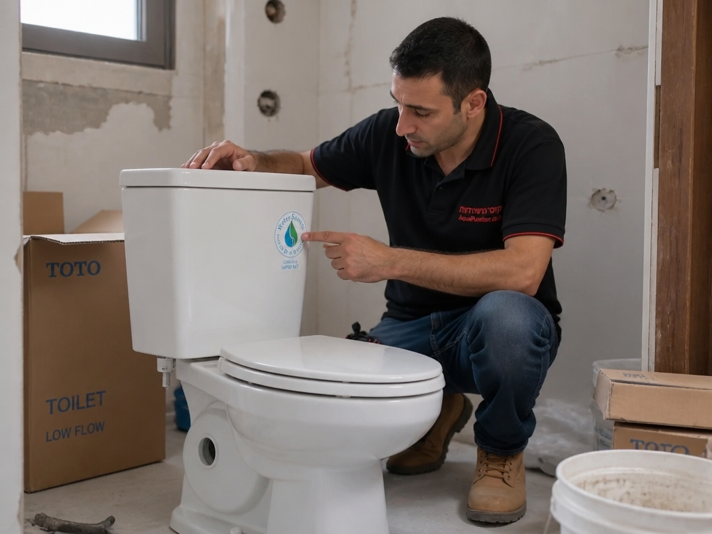 אינסטלטור בודק מדבקת תו תקן WaterSense על מכל אסלה חדשה לפני התקנה
