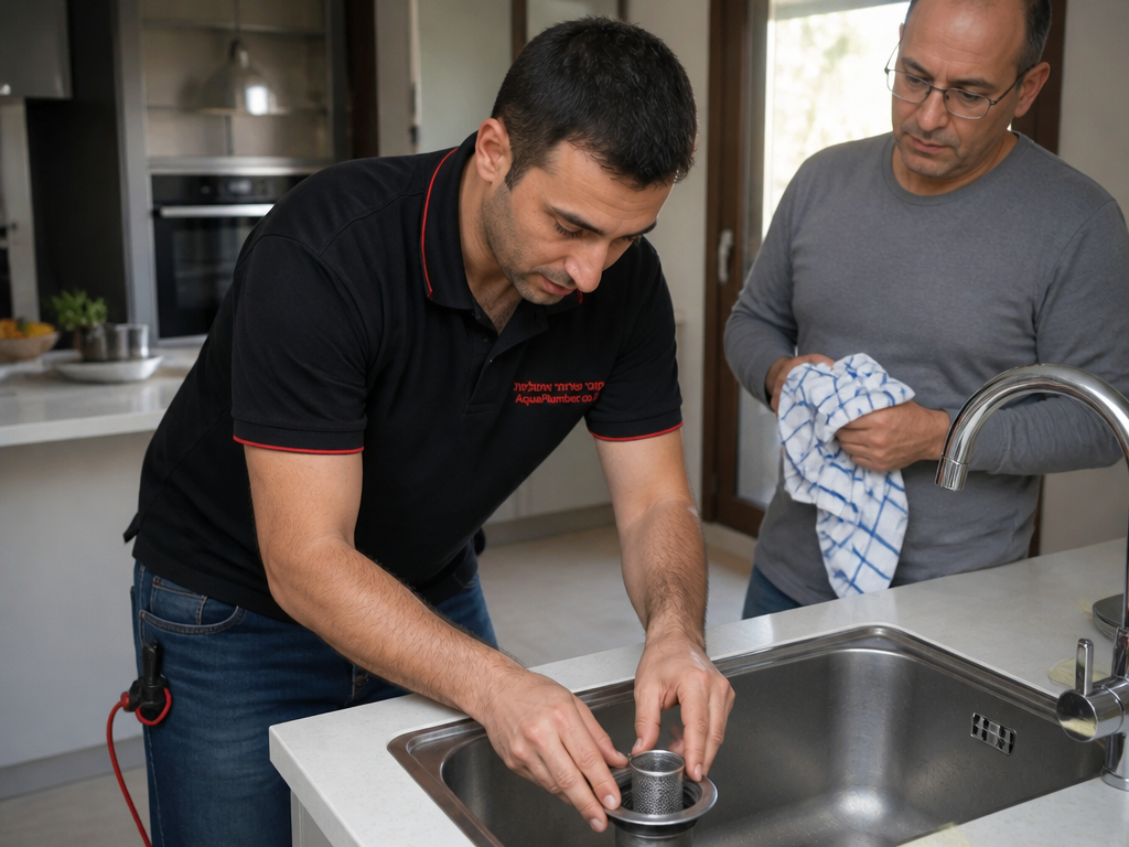 אינסטלטור לוחץ מסנן רשת נירוסטה לתוך פתח ניקוז כיור מטבח ליד לקוחה