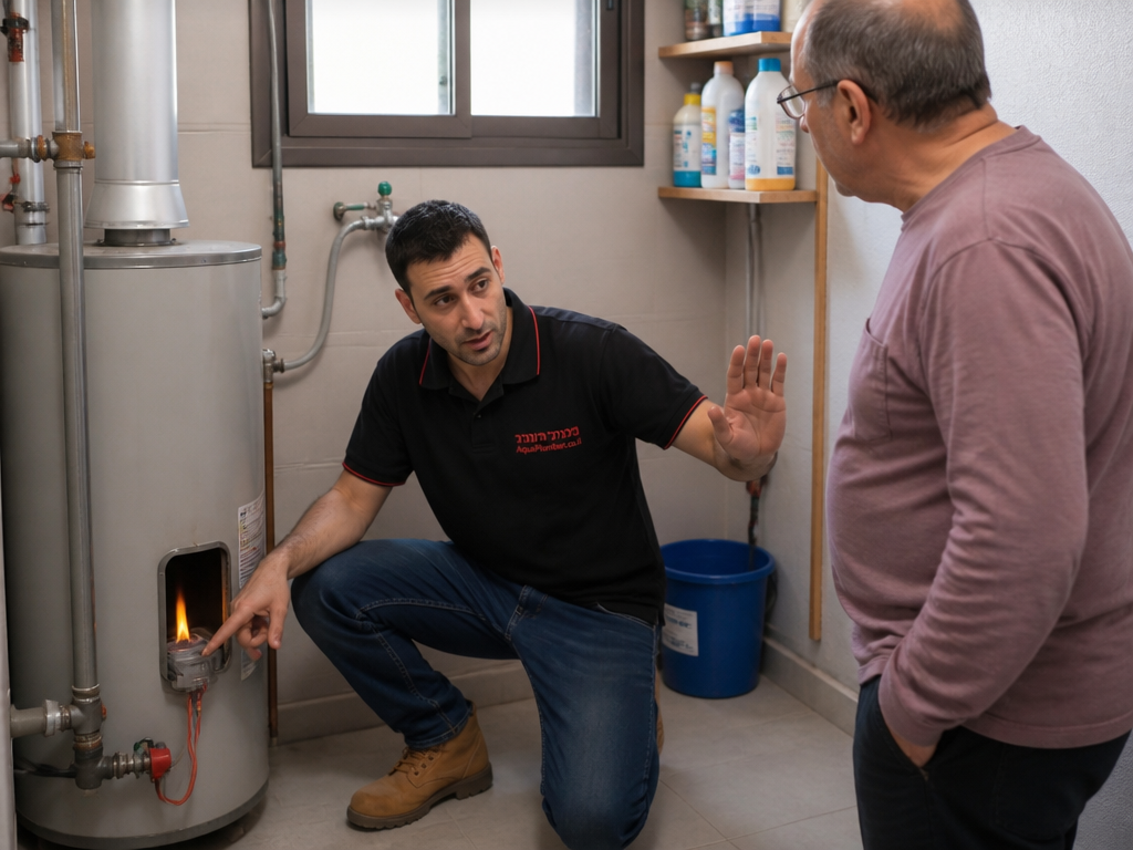 אינסטלטור מצביע על להבה צהובה מסוכנת בדוד גז ומזהיר את הלקוח