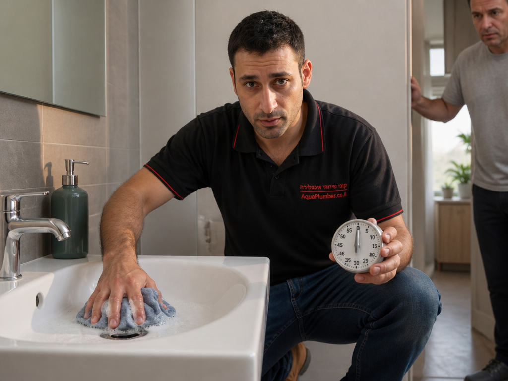 אינסטלטור אוטם פתח ניקוז בכיור אמבטיה עם מטלית רטובה בזמן תגובת קצף