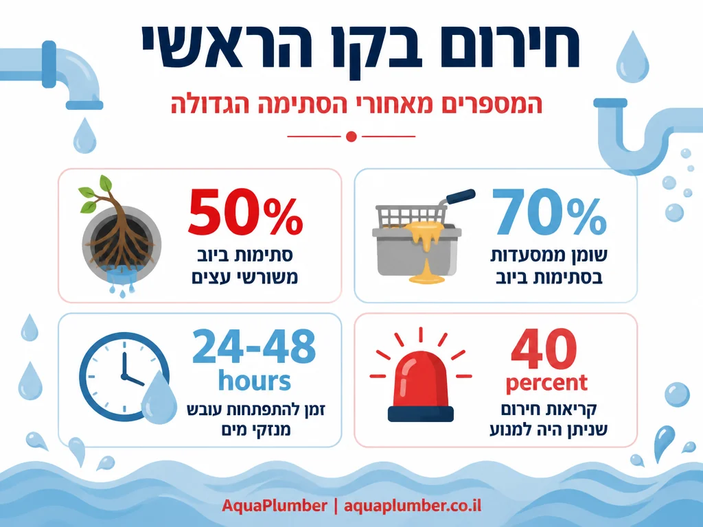 אינפוגרפיקה עם נתוני גורמים לסתימת קו ראשי וזמן תגובה לנזקי מים