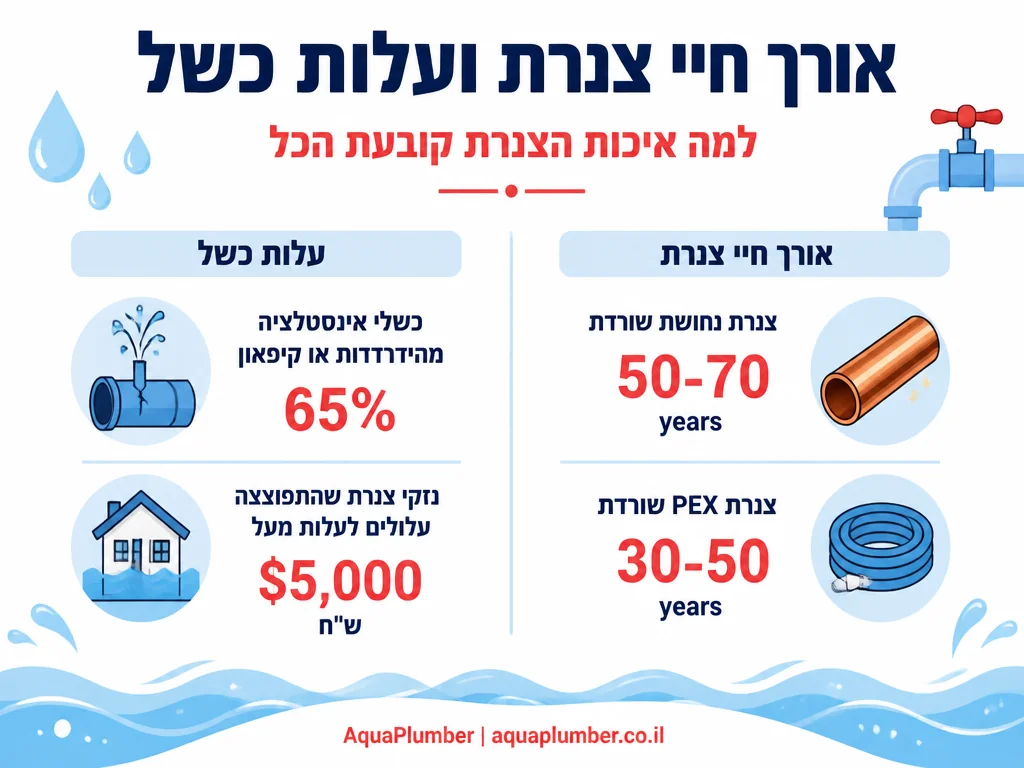 אינפוגרפיקה המשווה אורך חיי צנרת נחושת ופלסטיק ועלות נזקי כשל