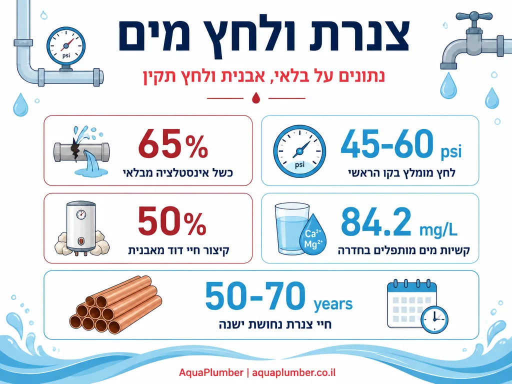 אינפוגרפיקה עם נתוני בלאי צנרת, אבנית ולחץ מים תקין בישראל
