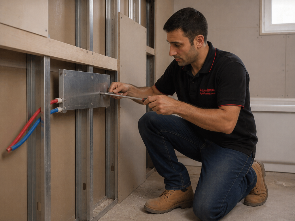 חיזוק נקודת התקנה לברז מאחורי קיר גבס פתוח עם פלטת מתכת