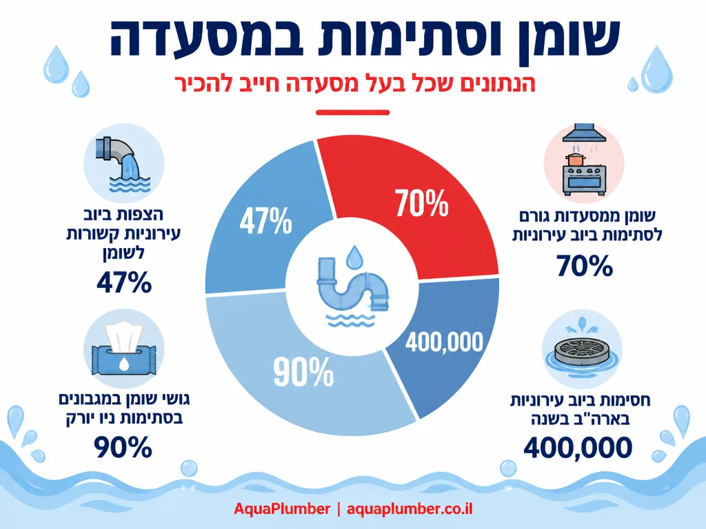 אינפוגרפיקה עם נתוני שומן וסתימות ביוב במטבחים מסחריים ומסעדות