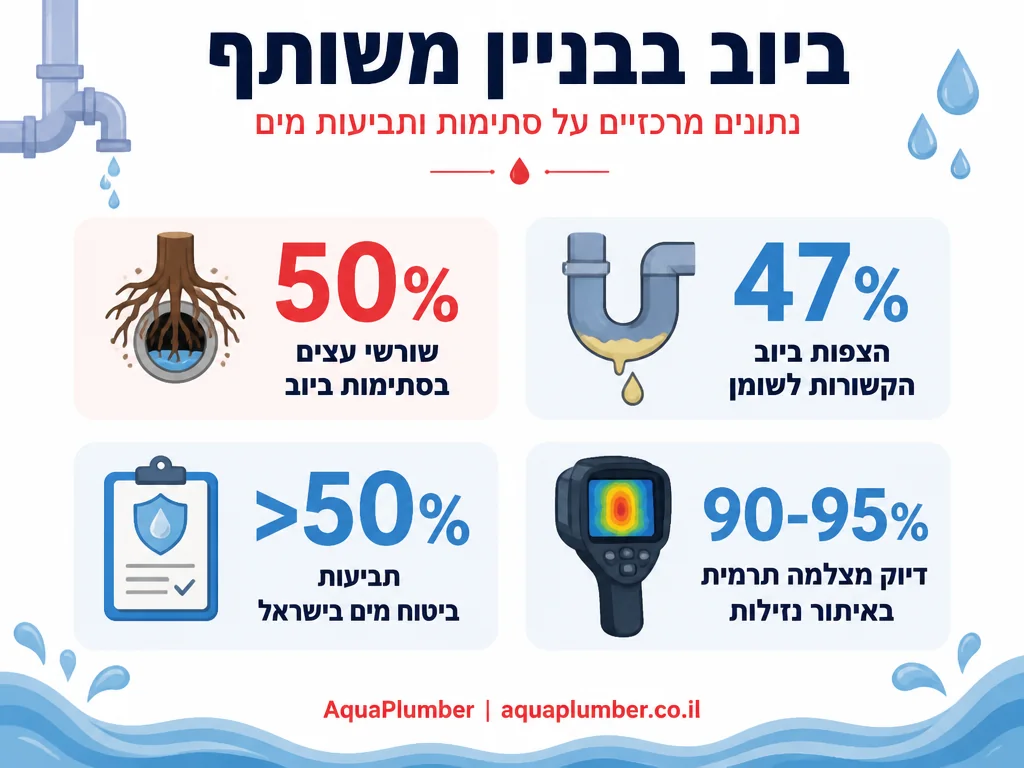 אינפוגרפיקה עם נתונים על גורמי סתימות ביוב ותביעות נזקי מים בבניינים משותפים