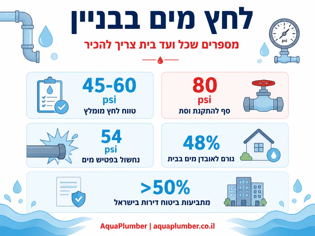 אינפוגרפיקה עם נתונים על לחץ מים תקין ונזקי מים בבניינים משותפים