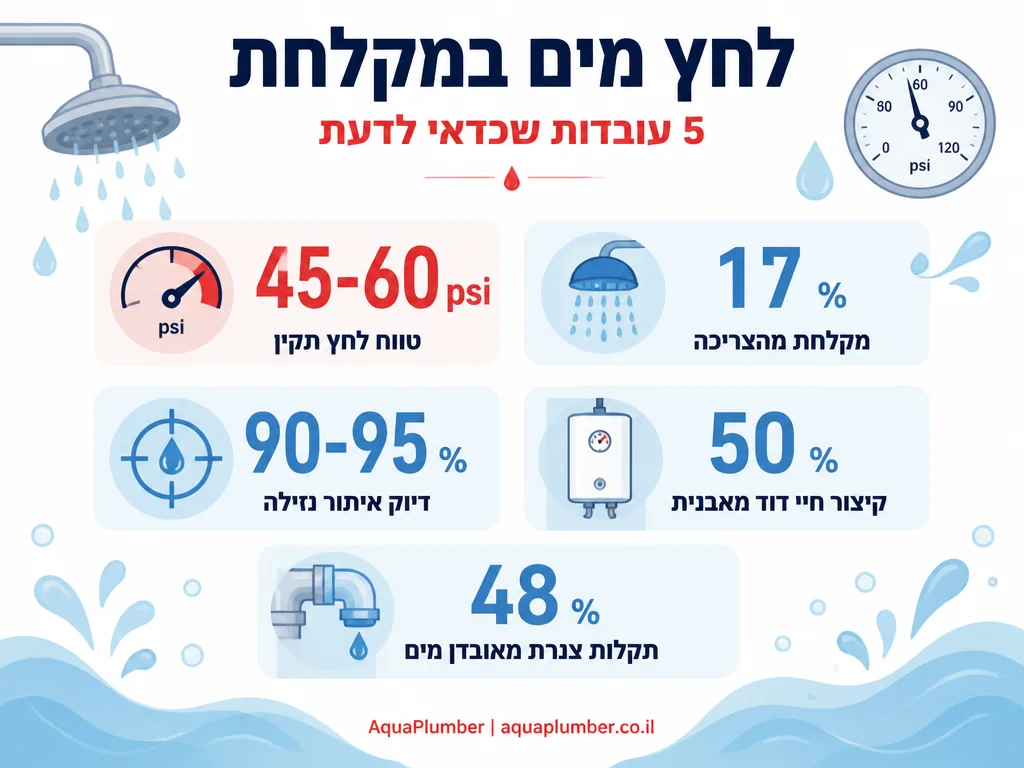 אינפוגרפיקה עם נתונים על לחץ מים תקין, צריכת מקלחת ואיתור נזילות