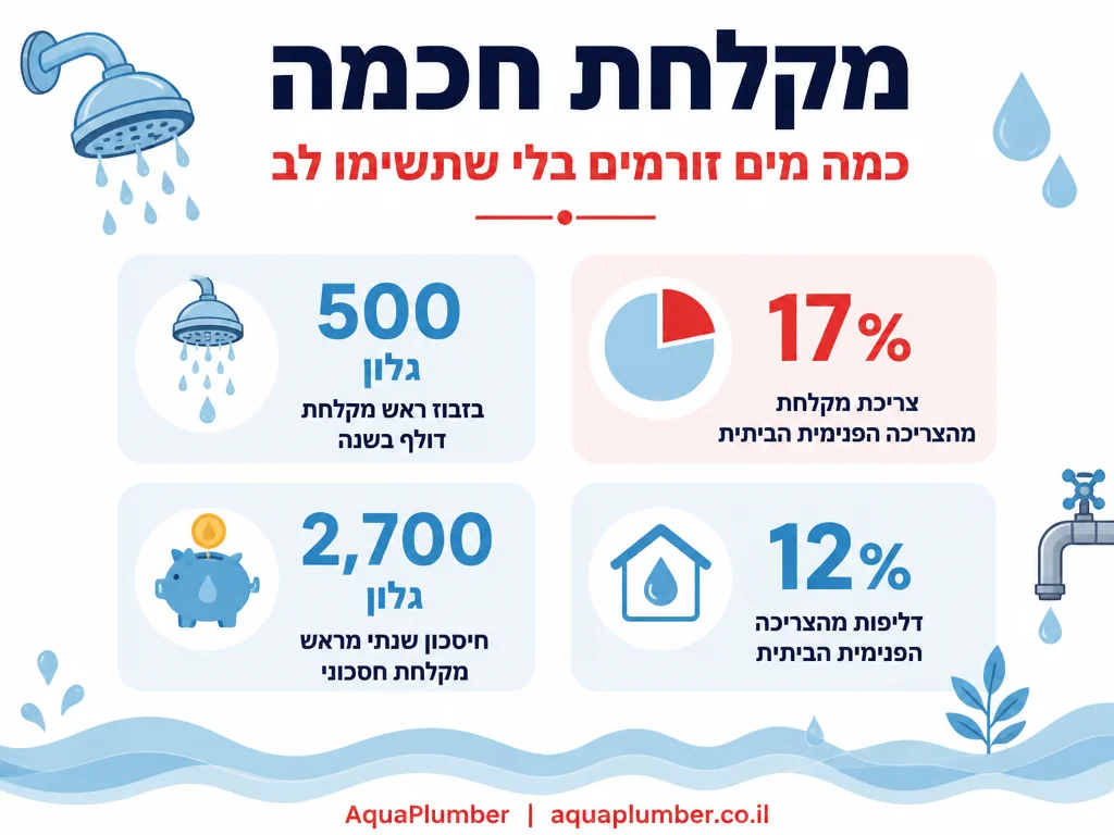 אינפוגרפיקה עם נתוני צריכת מים במקלחת וחיסכון מראש מקלחת חסכוני
