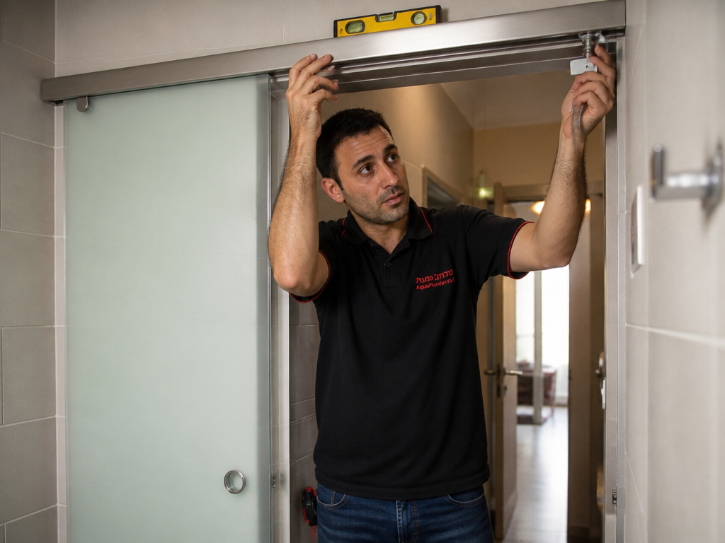 קובי מכוון מסילת דלת הזזה מעל פתח חדר אמבטיה קטן לחיסכון במקום